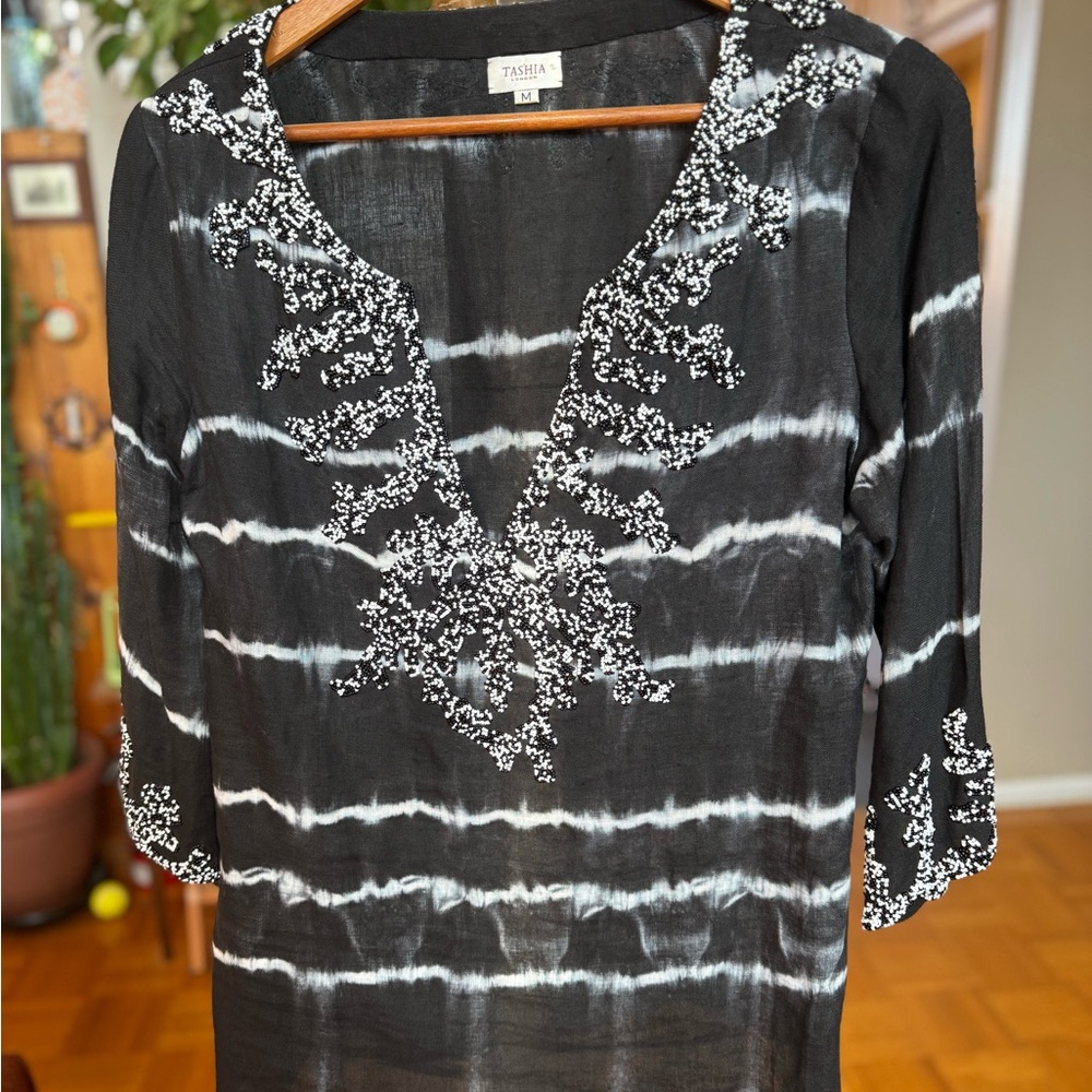 TASHIA London Black and White Tie-dye Linen Beading Embellished Women's Tunic